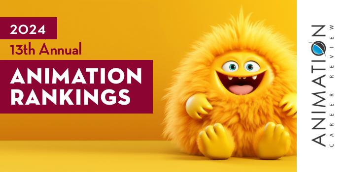 A yellow graphic about Animation Career Review's 13th annual rankings with a cartoon character sitting next to the text.