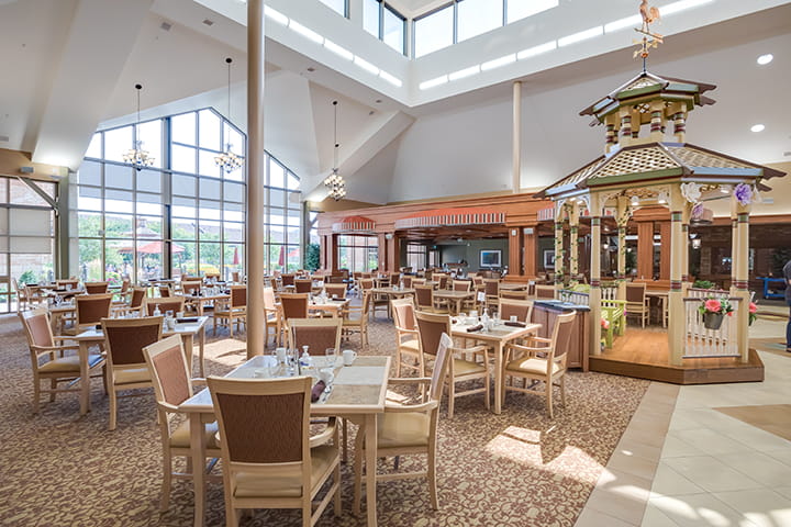The lobby and eating area at The Village of Erin Meadows long-term care and retirement home