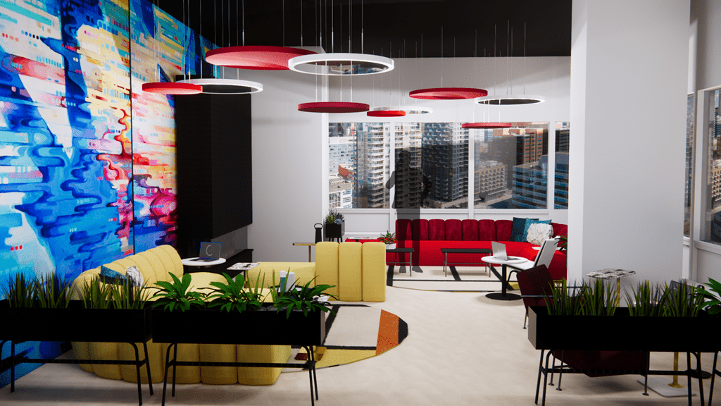 A rendering of a foyer area with a pastel-coloured accent wall, yellow and red couches, and red decorative lights suspended from the ceiling.