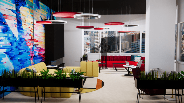 A rendering of a foyer area with a pastel-coloured accent wall, yellow and red couches, and red decorative lights suspended from the ceiling.