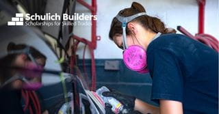 A photo of a student using a metal grinder, with the Schulich Builders Scholarships for Skilled Trades branding on top of the image