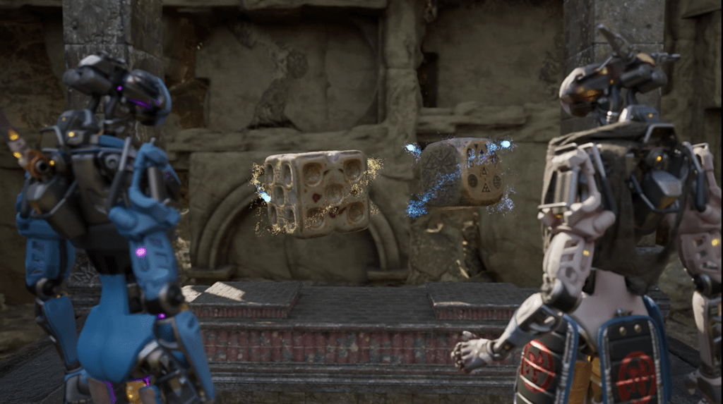 A blue robot and a grey robot watch two dice dancing in front of them