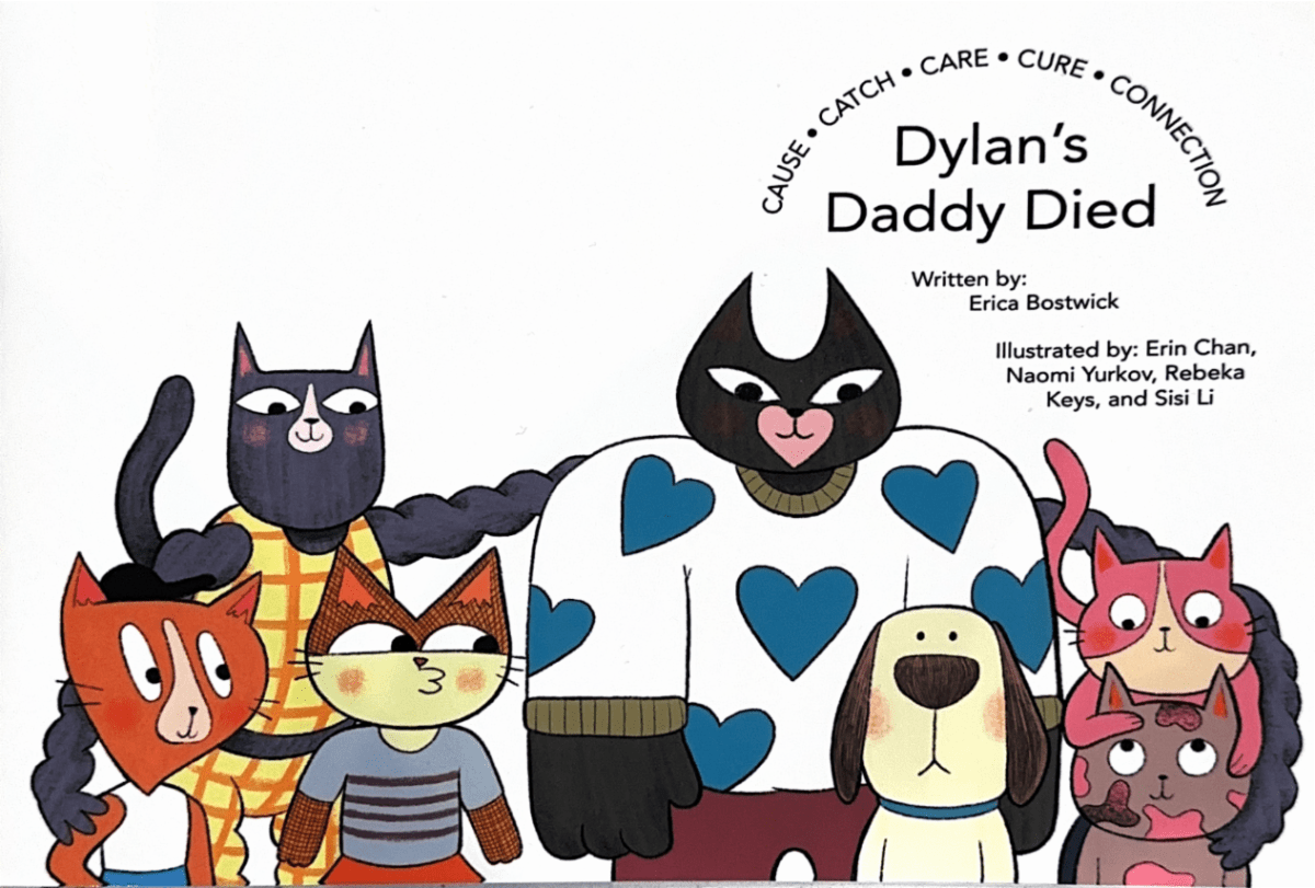 The cover of the book, Dylan's Daddy Dies, with drawings of six cats and a dog.