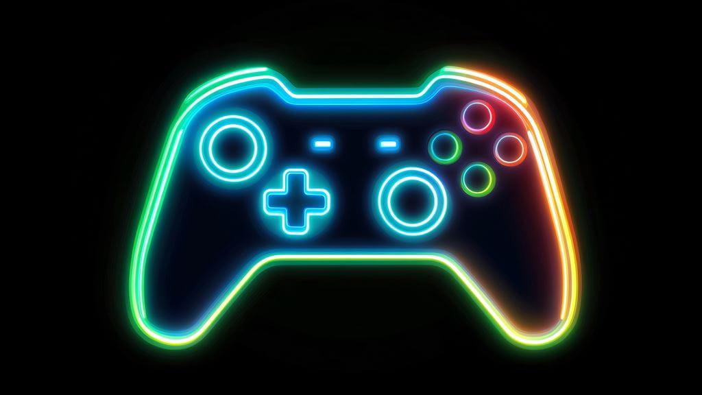 A neon coloured outline of a game console on a black background.