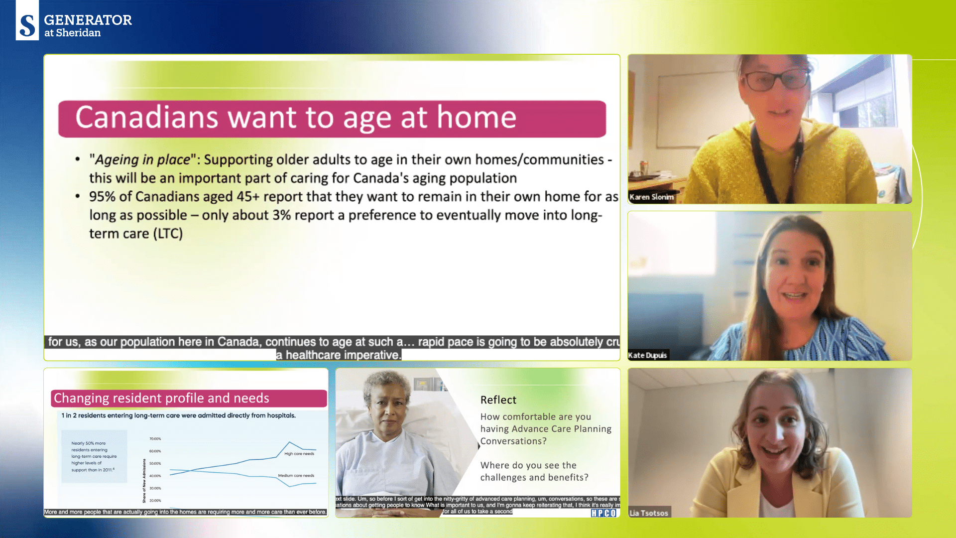 A screengrab of a Sheridan Centre for Elder Research webinar, featuring information, statistics and three presenters
