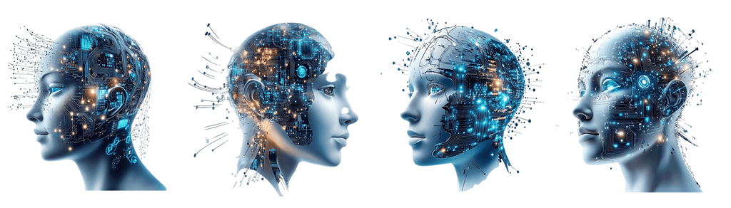 The heads of four digital humans on a white background