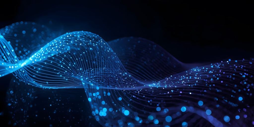 Abstract of digital artificial intelligence glowing neural networks, binary streams, and futuristic tech structures on a dark backdrop