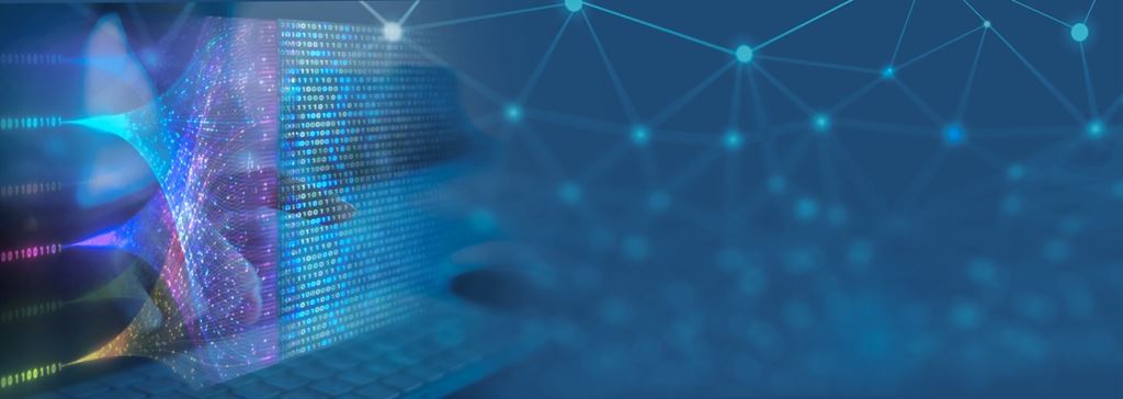 A graphic of connected blue dots with computer code in the background to represent artificial intelligence