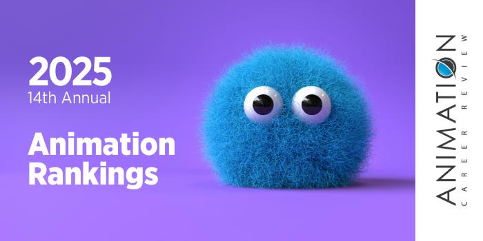 A purple background with the words 2025 14th Annual Animation Rankings and a fuzzy, blue pompom with googly eyes.