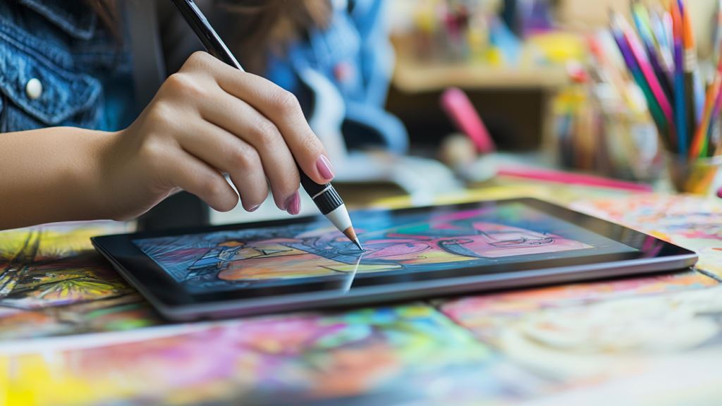 Artist creates digital art on a tablet
