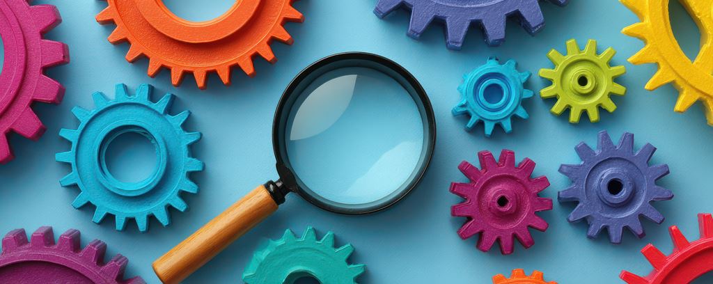 Colourful gears and magnifying glass on blue background.