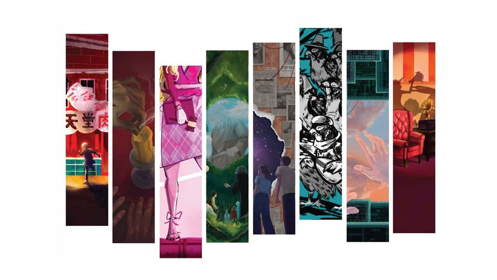 Eight rectangular panels of artwork highlighting images from upcoming Theatre Sheridan shows.