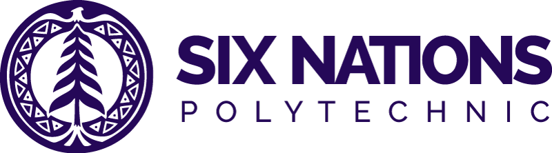 A purple crest and text representing Six Nations Polytechnic