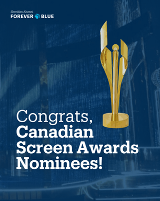 A blue graphic with a yellow trophy and white text that reads 'Congrats, Canadian Screen Awards nominees!'
