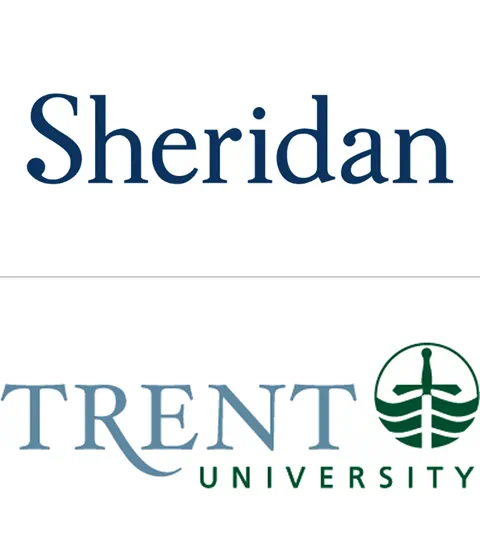 Sheridan's logo is pictured atop Trent University's logo, with a thin hairline separating the two