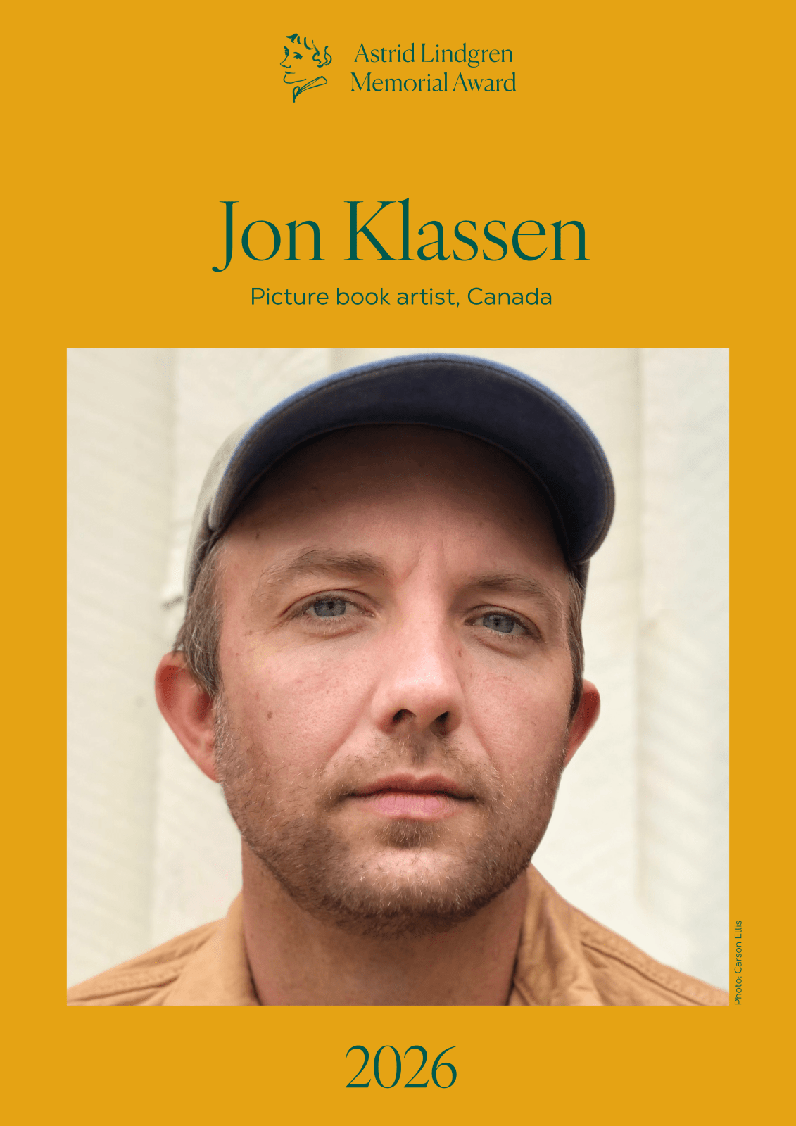A photo of Jon Klassen surrounded by a yellow background with text that lists him as the 2026 winner of the Astrid Lindgren Memorial Award