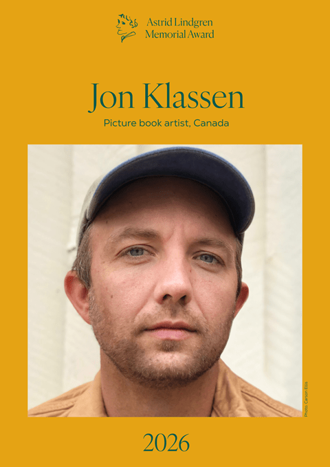 A photo of Jon Klassen surrounded by a yellow background with text that lists him as the 2026 winner of the Astrid Lindgren Memorial Award