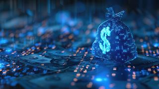 An image of a money bag with a digital background, representing financial technology