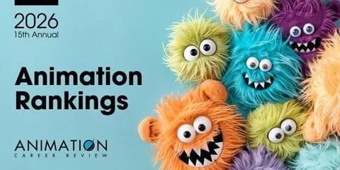 A graphic for the 2026 Animation Career Review rankings that features small monsters of different colours in front of a light blue background