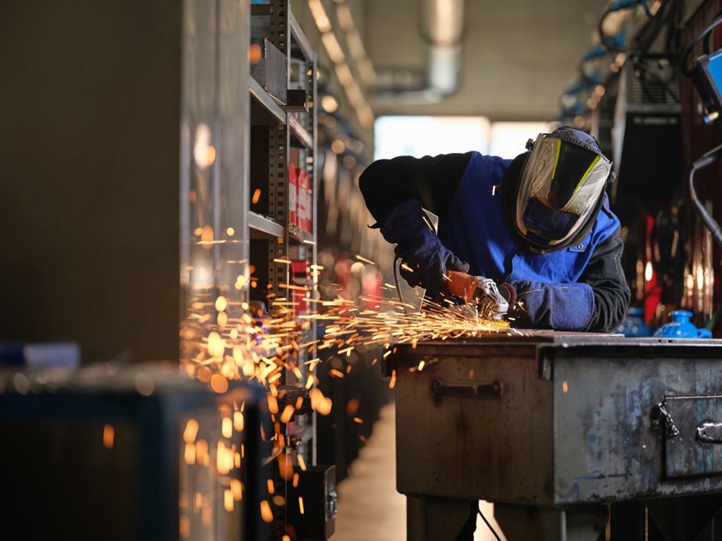 Sparks fly as a person stands at a table operating a metal grinder