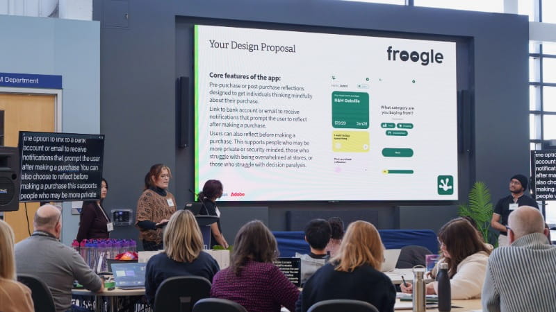 Students presenting their design proposal during the Sheridan x Adobe Design Hackathon.