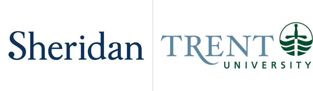 Logos for Sheridan College and Trent University are pictured side by side, with a vertical hairline separating the two
