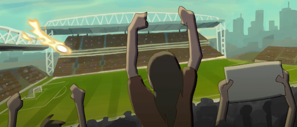 An illustration of a fan cheering in a soccer stadium.