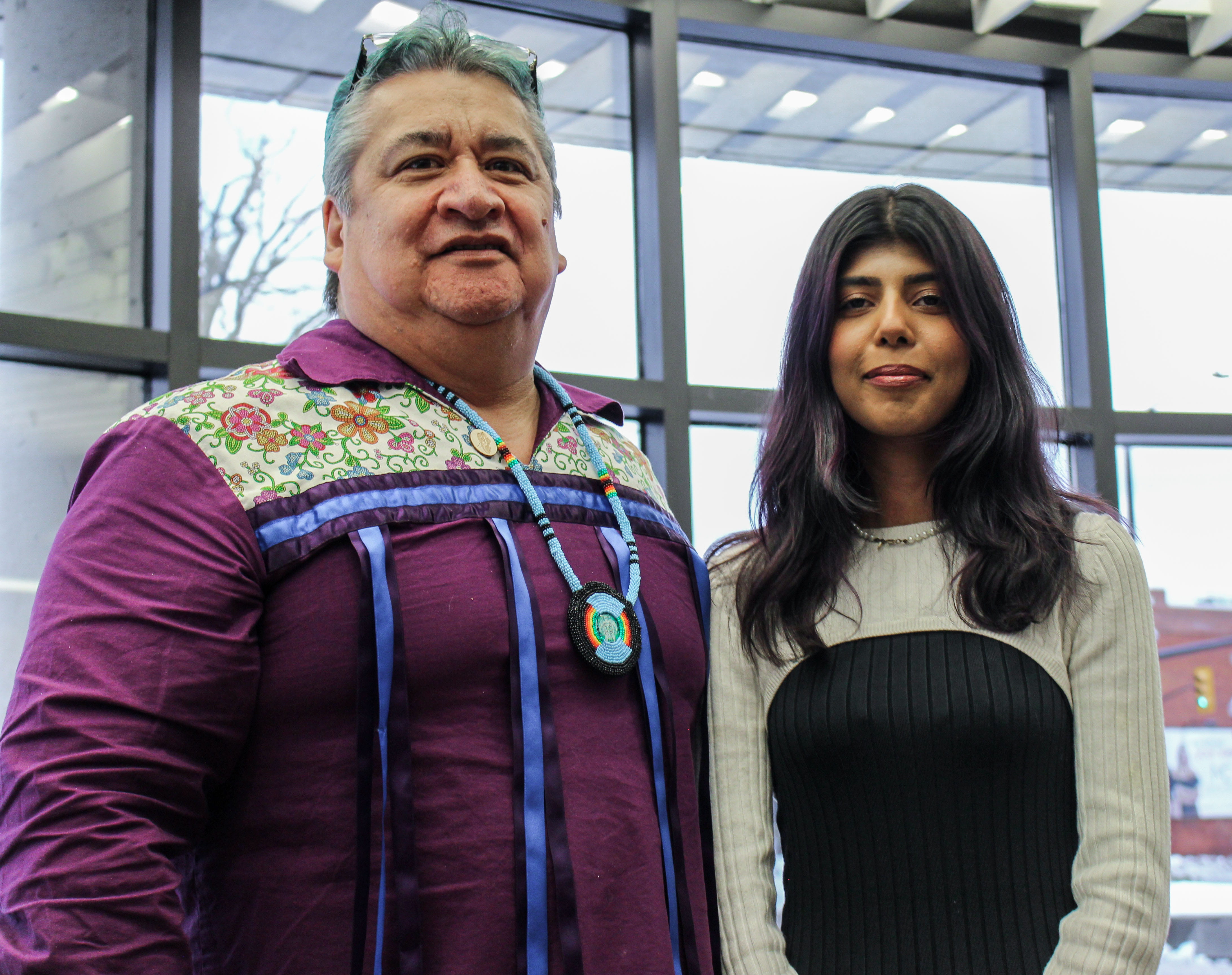 Sheridan student and poetry contest winner Suha Tariq stands beside Mississaugas of the Credit First Nation Giima/Chief Stacey Laforme