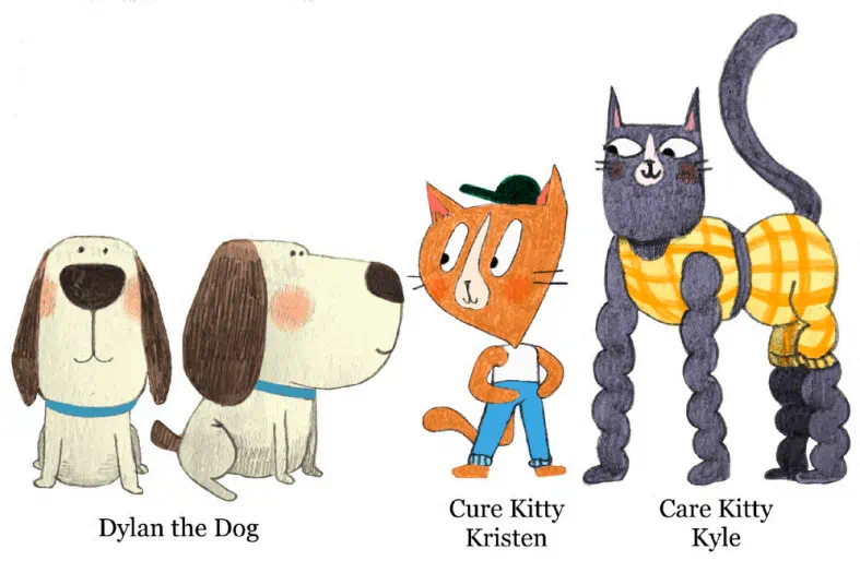 Drawings of a dog and two cats