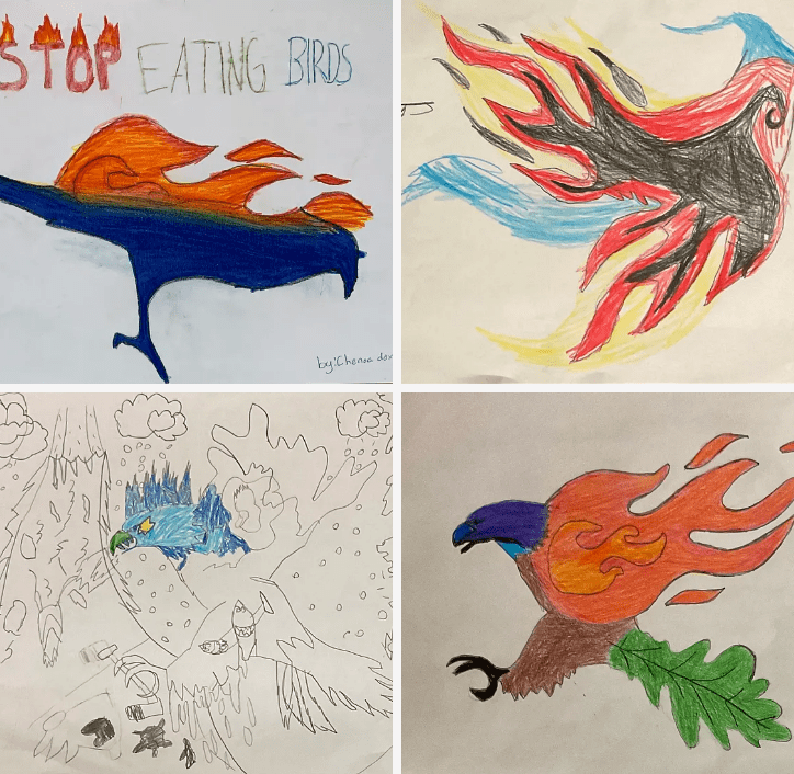 Four drawings by students of Standing Stone Elementary School, located in the Oneida Nation of the Thames community near London