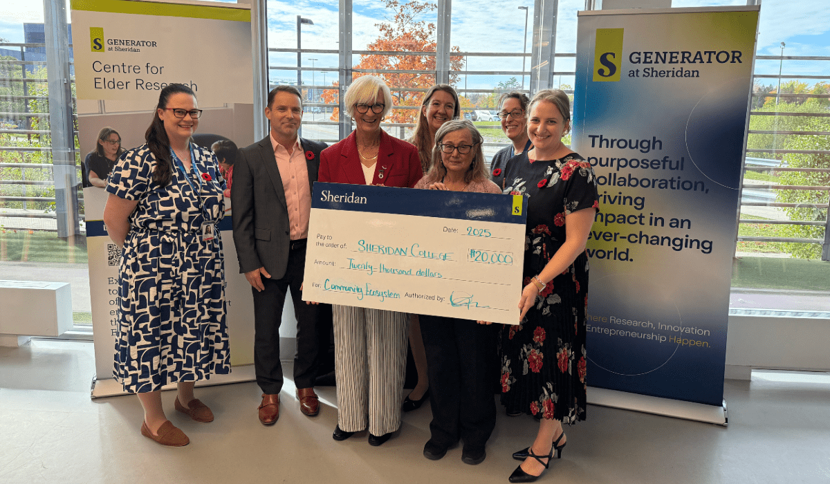 Members of Angela Bruce Chapter IODE present a cheque to Sheridan College