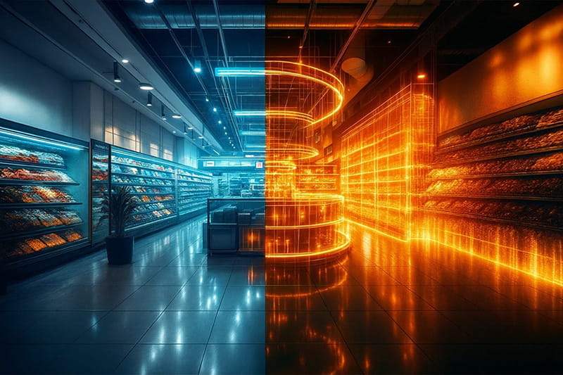 A photo of a supermarket lit with blue lights on one side and orange/red lights on the other.
