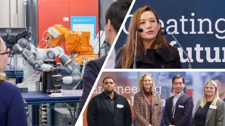 Collage of a speaker behind a microphone, four people posing side-by-side, and robotic arms filling a coffee cup
