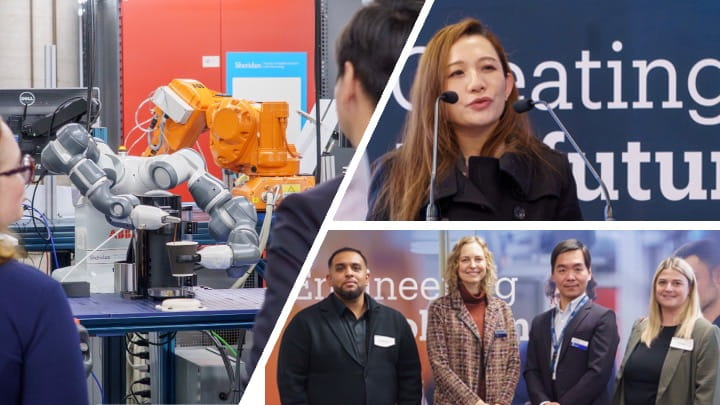 Collage of a speaker behind a microphone, four people posing side-by-side, and robotic arms filling a coffee cup
