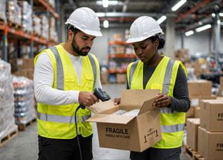 A man and woman wearing hard hats and fluorescent vests in a warehouse storage facility