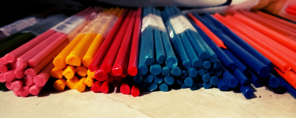 Bundles of coloured rods used for glass work