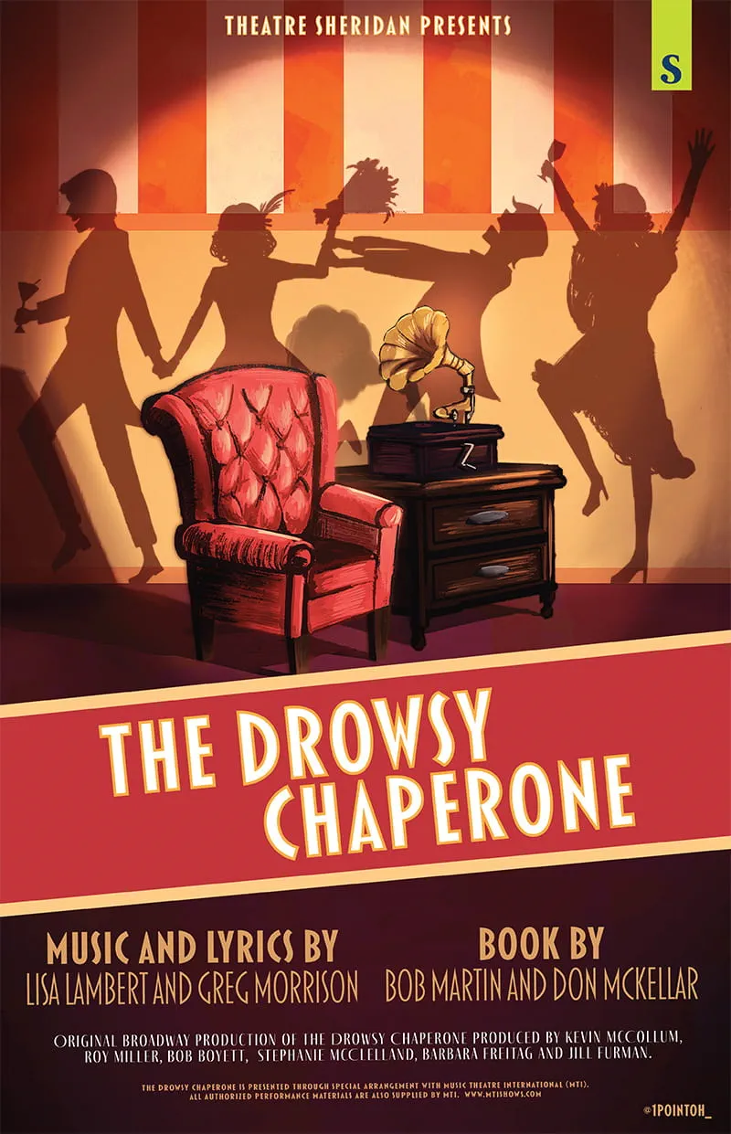 Theatre Sheridan presents The Drowsy Chaperone | Silhouettes on a wall behind an armchair and gramophone