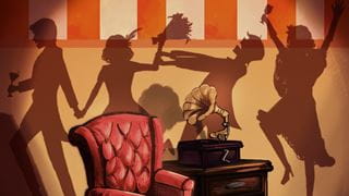 Silhouettes on a wall behind an armchair and gramophone