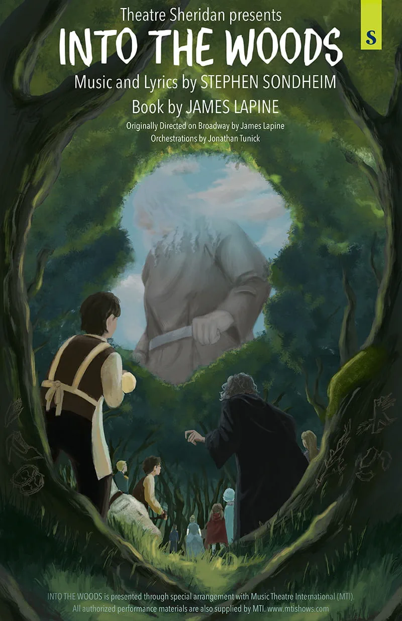 Theatre Sheridan presents Into The Woods | People in a forest looking at a large figure through a clearing in the trees