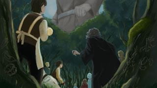 People in a forest looking at a large figure through a clearing in the trees