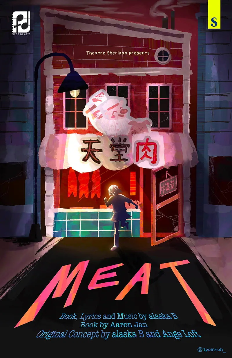 Theatre Sheridan presents Meat | Figure running out of a shop storefront