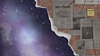 Stars in the sky and a cork board with newspaper clippings pinned to it