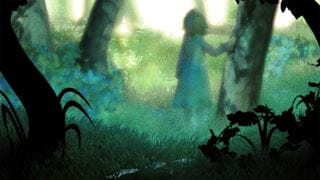 A figure touching a tree in a shadowy forest