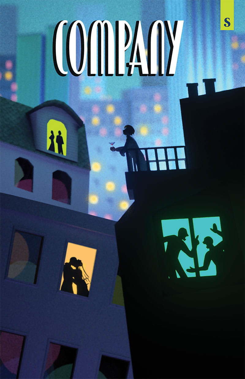Theatre Sheridan presents Company | Silhouettes of people in apartment buildings with city lights in the background