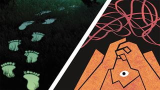 Split image: Glowing footprints in a dark forest on one side; a figure with his head in his hands on the other side.