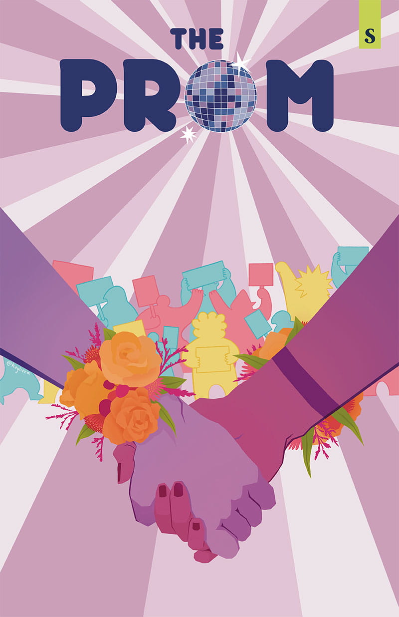 Theatre Sheridan presents The Prom | Two figures holding hands with flower corsages on their wrists