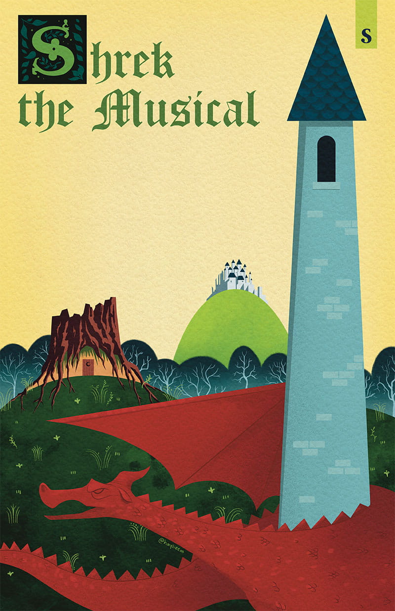 Theatre Sheridan presents Shrek the Musical | A tree stump with a door, a brick tower, and a castle on a hill in the distance
